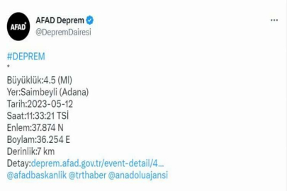 Adana'da 4.7 Büyüklüğünde Deprem Meydana Geldi
