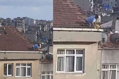 Beyoğlu’nda yürekleri ağza getiren çatı tamiri kamerada
