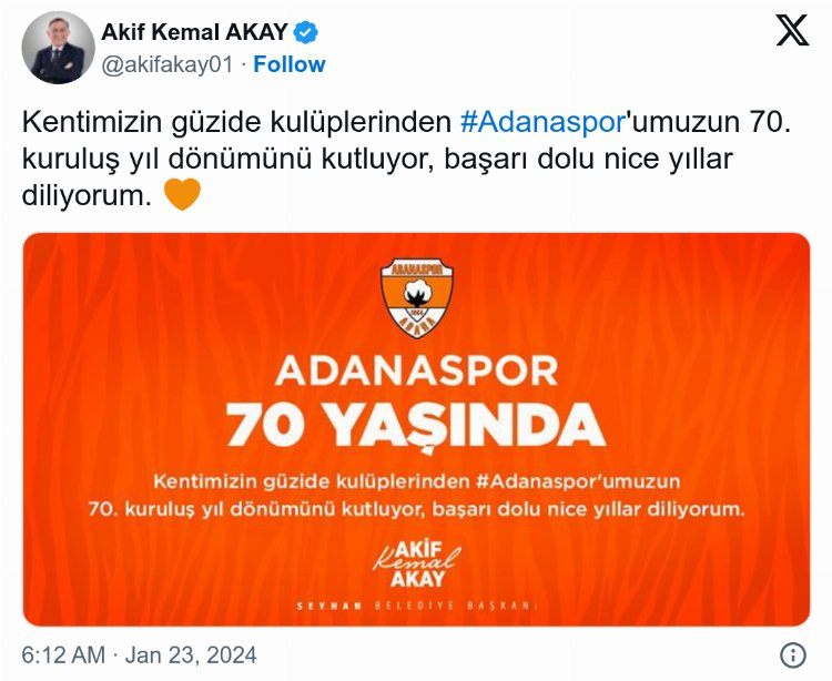 SEYHAN BELEDİYE BAŞKANI AKİF KEMAL AKAY, ADANASPOR'UN 70. KURULUŞ YILINI KUTLADI