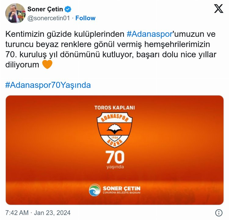 ÇUKUROVA BELEDİYE BAŞKANI SONER ÇETİN, ADANASPOR'UN 70. KURULUŞ YILINI KUTLADI