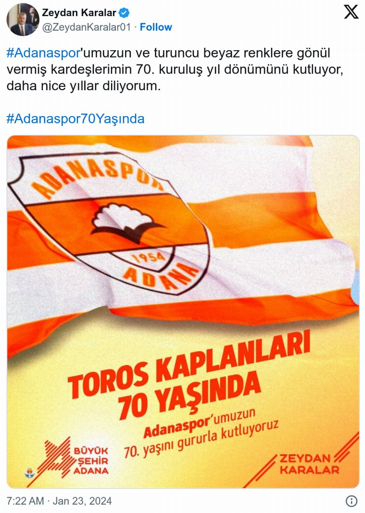 ADANA BÜYÜKŞEHİR BELEDİYE BAŞKANI ZEYDAN KARALAR, ADANASPOR'UN 70. KURULUŞ YILINI KUTLADI