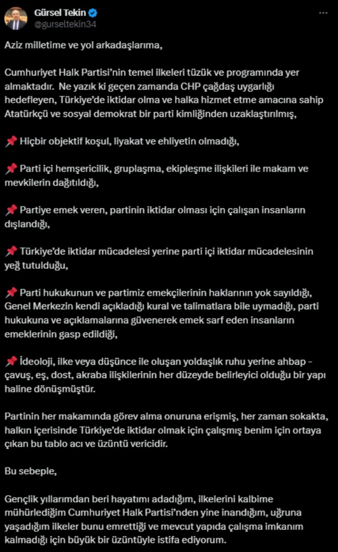 GÜRSEL TEKİN İSTİFA 