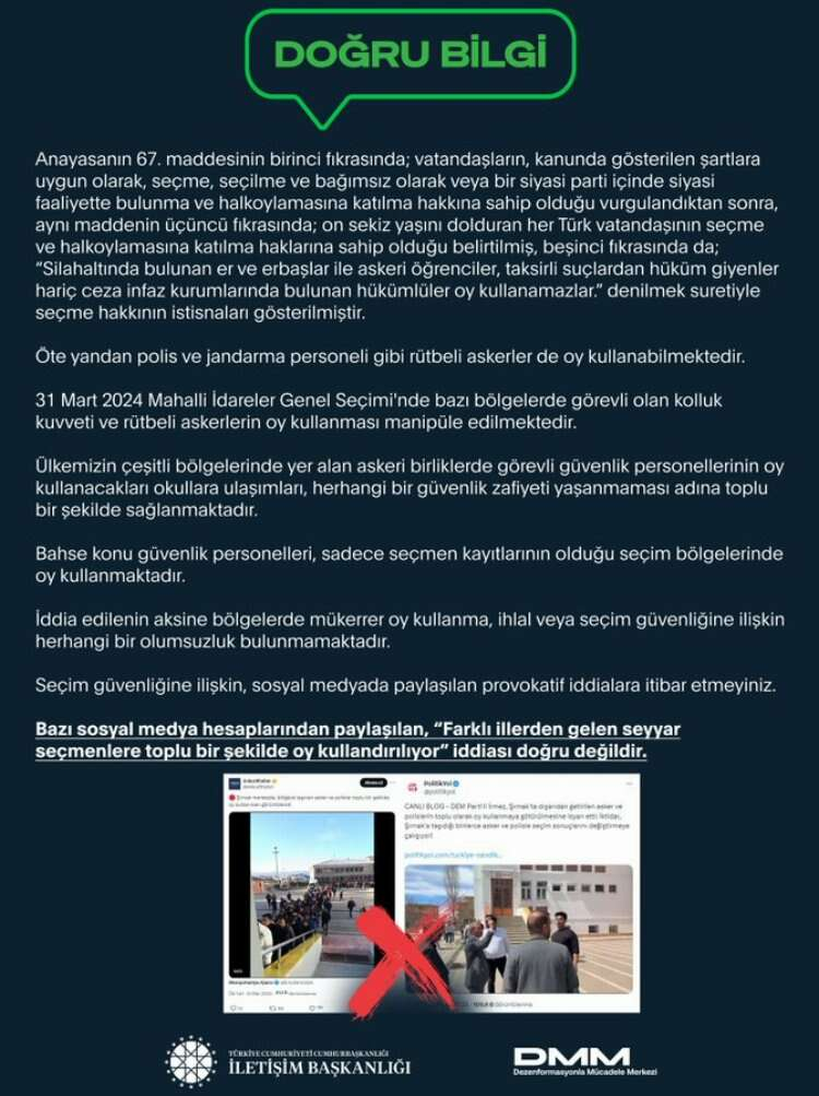 Dezenformasyonla Mücadele Merkezi: “Farklı illerden gelen seyyar seçmenlere toplu bir şekilde oy kullandırılıyor” iddiası doğru değildir”