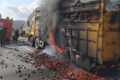 Tarsus'ta domates yüklü kamyon alev aldı