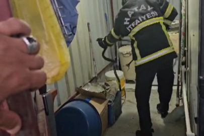 Antakya'da konteynere giren yılan itfaiye tarafından doğaya bırakıldı