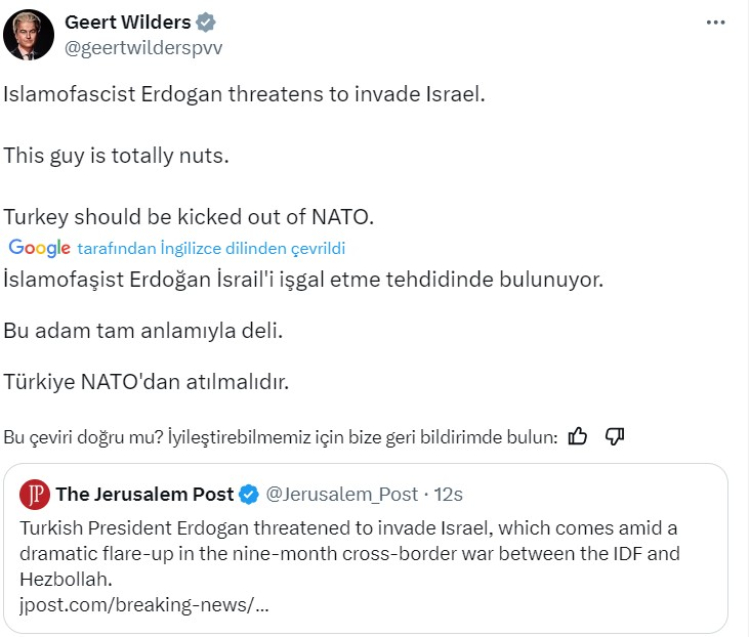 Geert Wilders Türkiye NATO'dan atılmalı 2