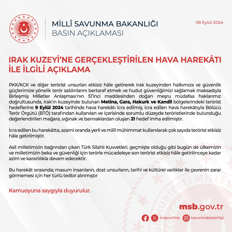 TSK'dan Irak'ın kuzeyine hava harekâtı! 21 hedef imha! 2