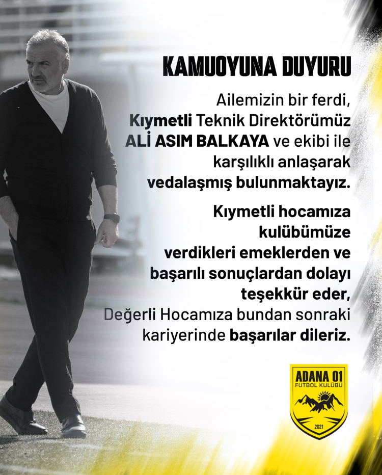 Adana 01 FK, teknik direktör Ali Asım Balkaya ile yollarını ayırdı 2
