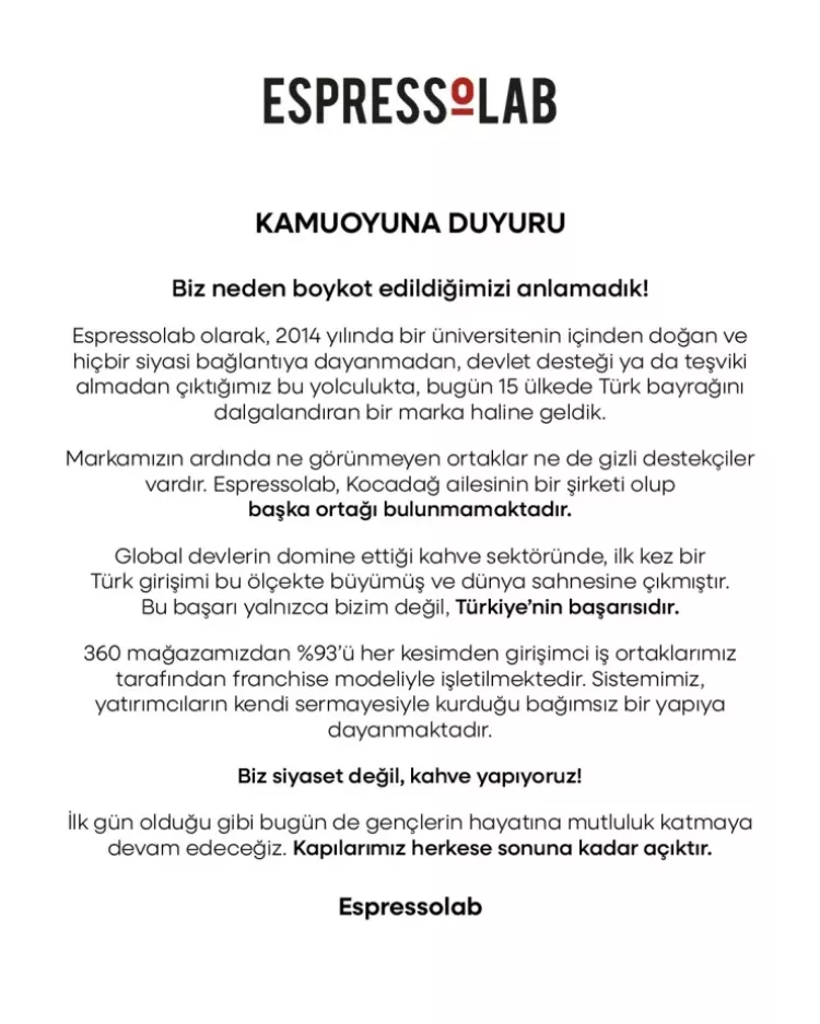 Espressolab’den Özgür Özel’in boykot çağrısına yanıt Biz neden boykot edildiğimizi anlamadık! 2