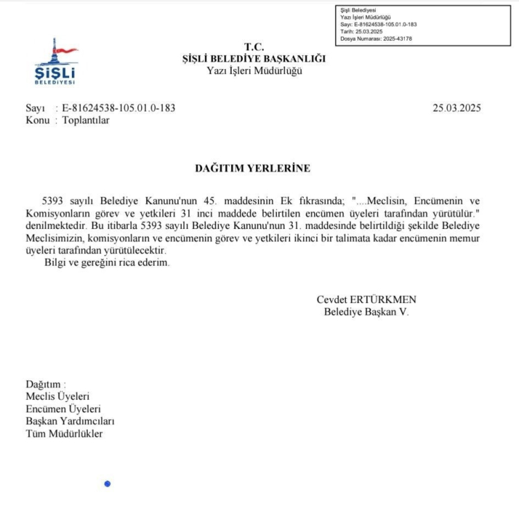 Şişli Belediyesi Kayyumu Cevdet Ertürkmen, Meclisi'nin yetkilerini memurlara devretti 2