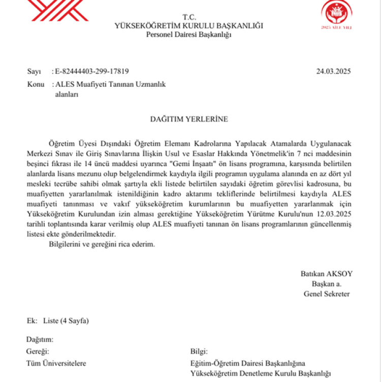 YÖK'ten Öğretim Görevlisi alımlarında ALES muafiyeti olan programlara güncelleme 1