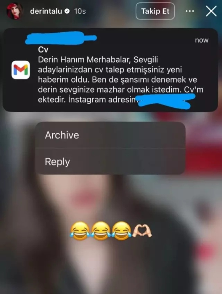 Derin Talu’dan olay yaratacak paylaşım “Sevgilim olmak istiyorsanız CV’nizi gönderin” 2