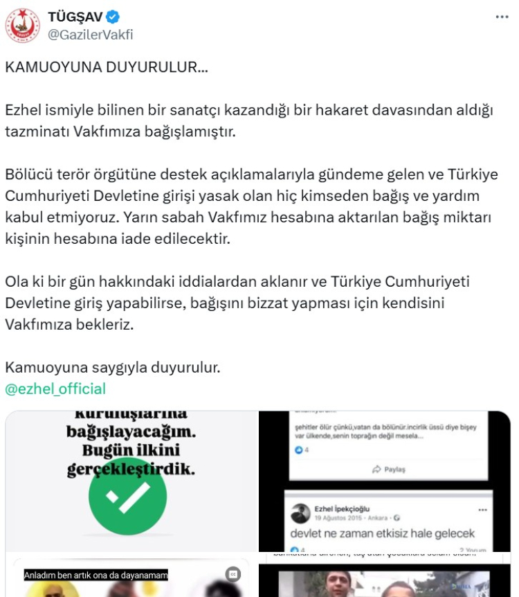 Ezhel hakaret davasından kazandığı parayı bağışladı, TÜGŞAV kabul etmedi! 2