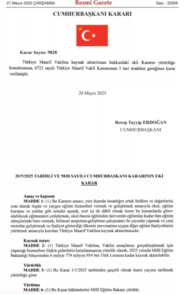 Resmi Gazete'de yayımlandı! Türkiye Maarif Vakfı'na 6,8 milyar lira kaynak 2