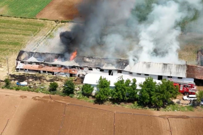 Yenişehir’de hayvan çiftliği yangını havadan görüntülendi