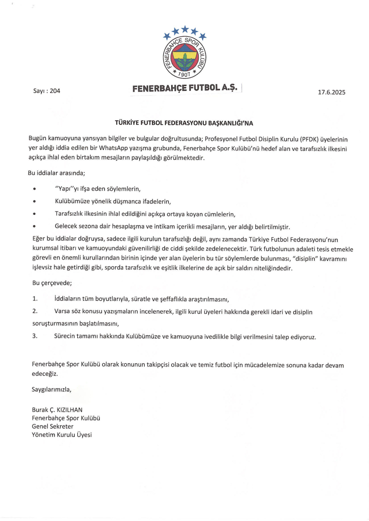 Fenerbahçe’den TFF’ye PFDK iddiaları hakkında resmi başvuru “PFDK üyelerinin tarafsızlığı tartışmalı hale geldi” 2