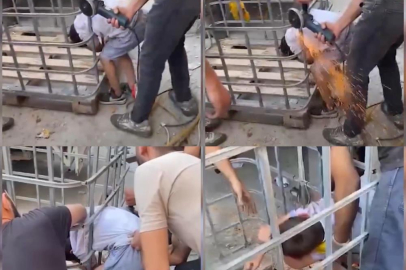 Kafesin parmaklıklarına sıkışan çocuk, demir kesilerek kurtarıldı