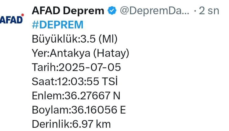 Hatay Antakya’da 3.5 büyüklüğünde deprem