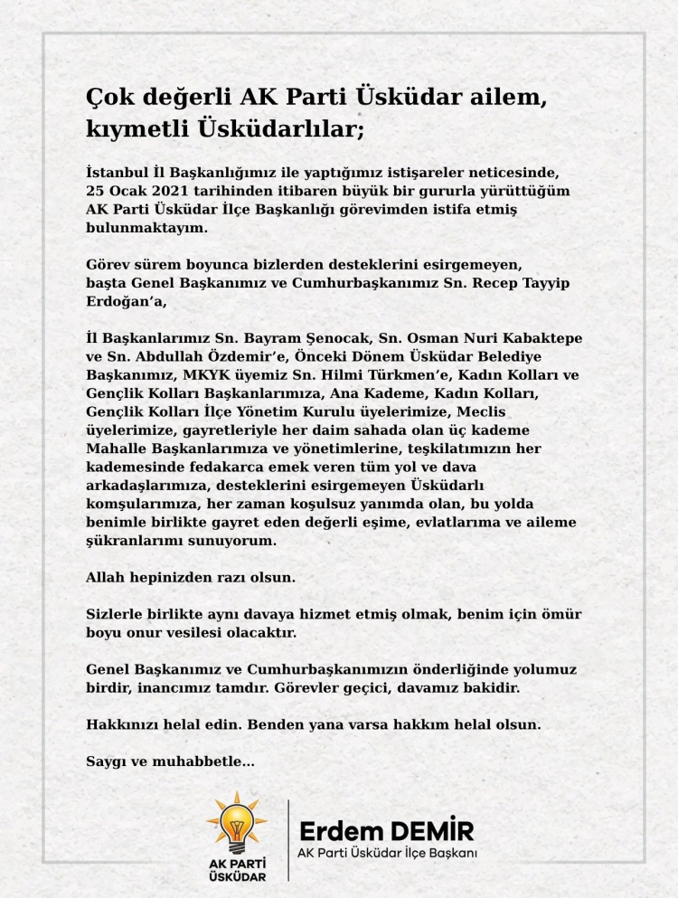 AK Parti Üsküdar İlçe Başkanı Erdem Demir görevinden istifa etti 2