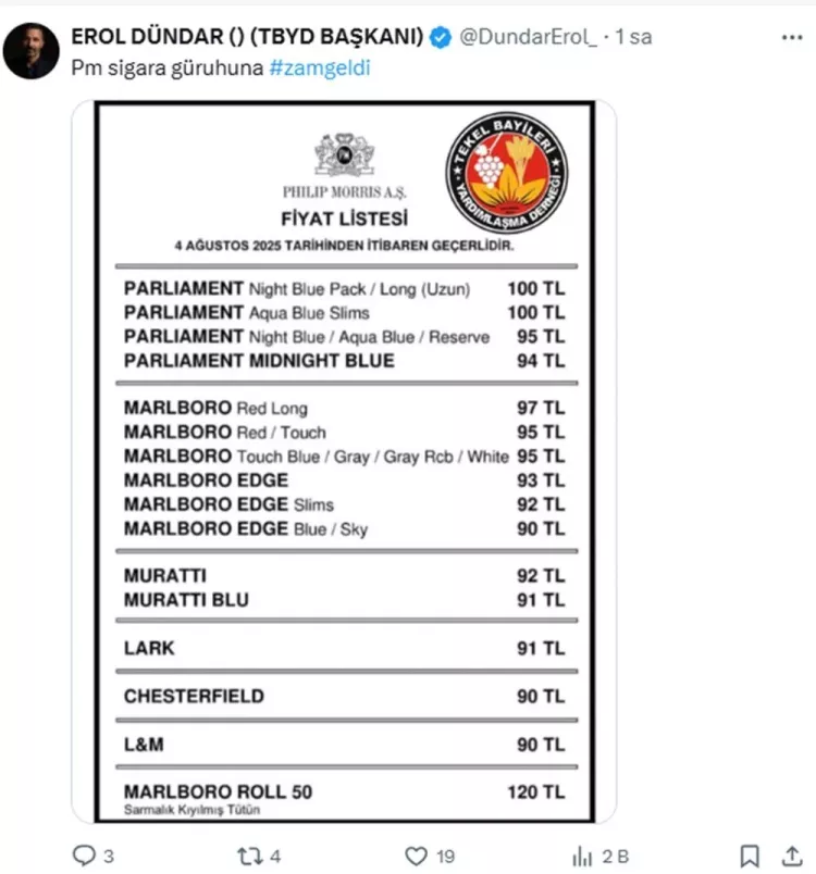 Sigaraya yeni zam Yeni sigara fiyatları ne kadar oldu İşte 4 Ağustos'tan itibaren geçerli zamlı liste 2