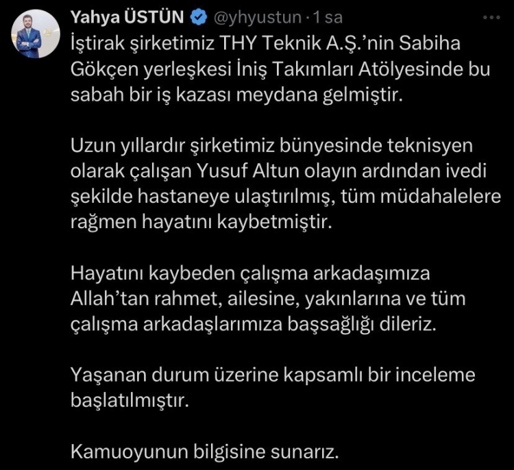 THY Teknik’te iş kazası Teknisyen Yusuf Altun hayatını kaybetti 3