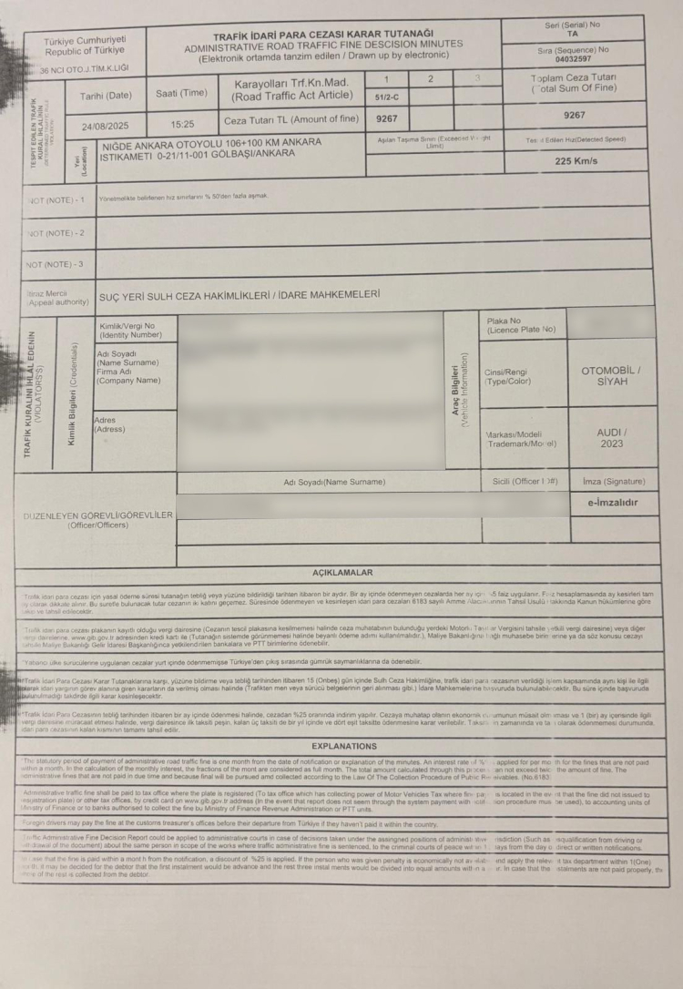224 kms hızla gittiği görüntüleri paylaşmıştı Bakan Uraloğlu’na hız sınırını yüzde 50 aştığı için 9 bin 267 TL ceza 2
