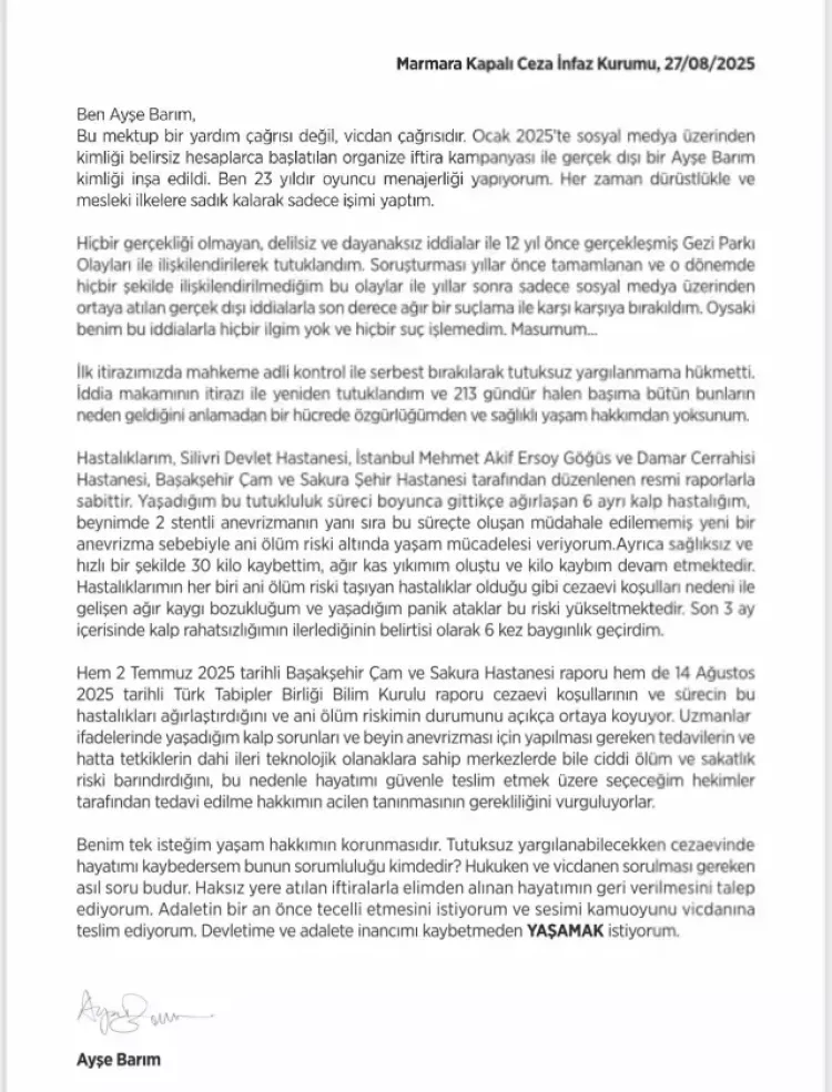 Gezi Parkı davasında tutuklu Ayşe Barım’dan mektup Masumum, yaşam hakkım tehlikede 2