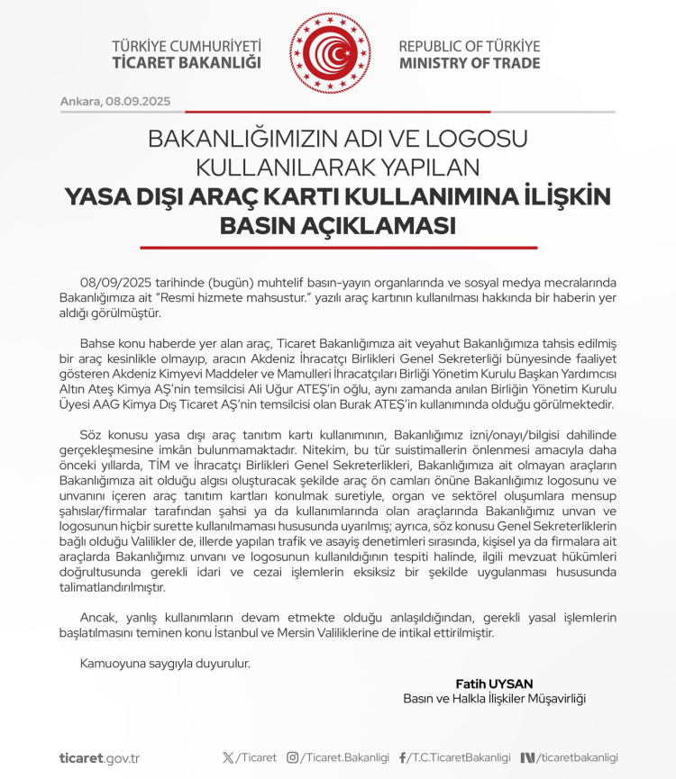 Ticaret Bakanlığı’ndan sahte araç kartı açıklaması “Resmi hizmete mahsustur” kartı Burak Ateş’in aracında bulundu 2