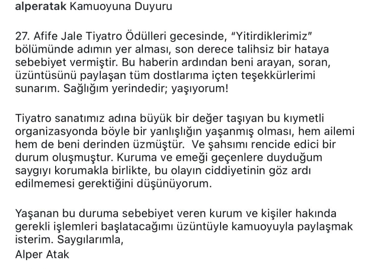 Afife Jale Ödülleri'nde inanılmaz hata! Yaşayan oyuncu Alper Atak 'yitirdiklerimiz' arasında anıldı 2