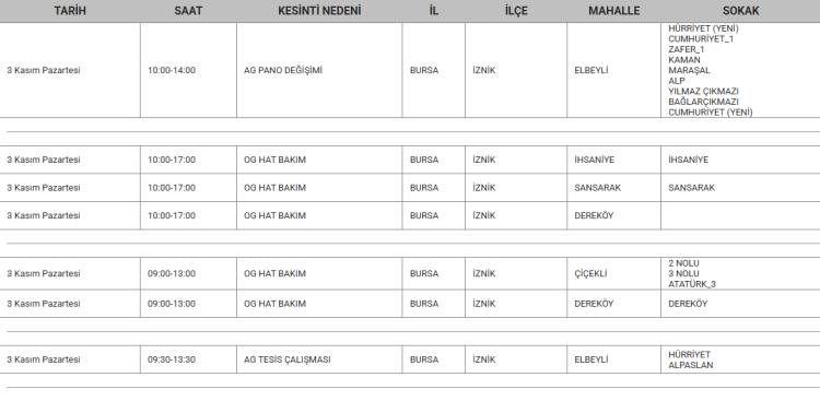 bursa elektirik kesintisi 