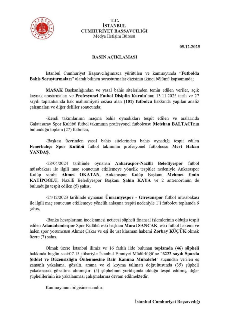 Murat Sancak, Ahmet Çakar, Zorbay Küçük ve Mert Hakan Yandaş'ın da aralarında bulunduğu bahis soruşturmasında 46 kişiye gözaltı kararı 2