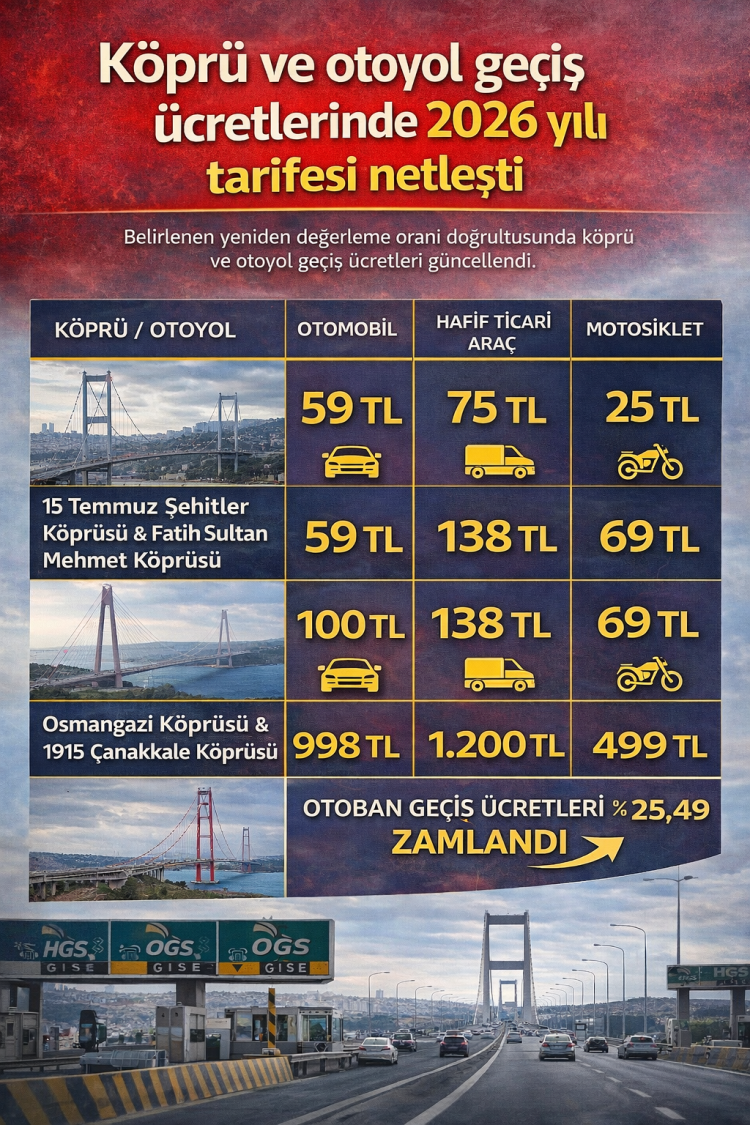 Yeni yılda köprü ve otoyol geçişlerine zam İşte 2026 yılı tarife detayları 2