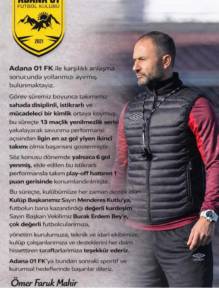 Adana 01 FK’da Ömer Faruk Mahir dönemi sona erdi 3