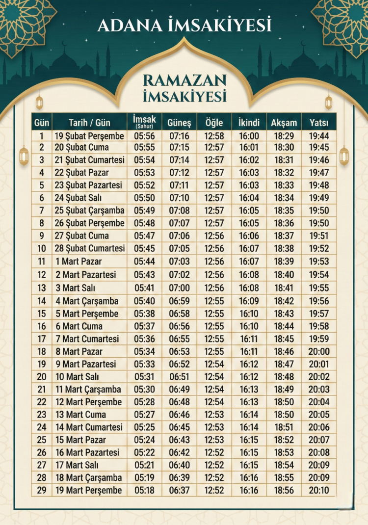 Adana 2026 Ramazan İmsakiyesi  Adana’da oruç kaçta açılacak, akşam ezanı saat kaçta Diyanet Ramazan imsakiyesi 2