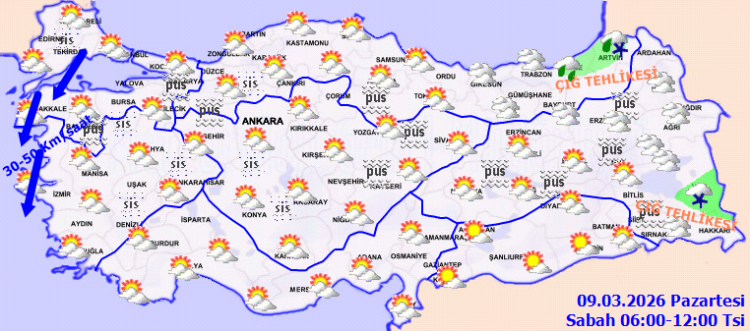 ava durumu bugün nasıl olacak Meteoroloji'den o iller için kar ve çığ uyarısı geldi! 9 Mart 2026 İstanbul, Ankara, İzmir il il hava durumu tahminleri 1