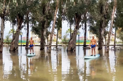 Sağanak sonrası park su altında kaldı, vatandaş sörf yaptı