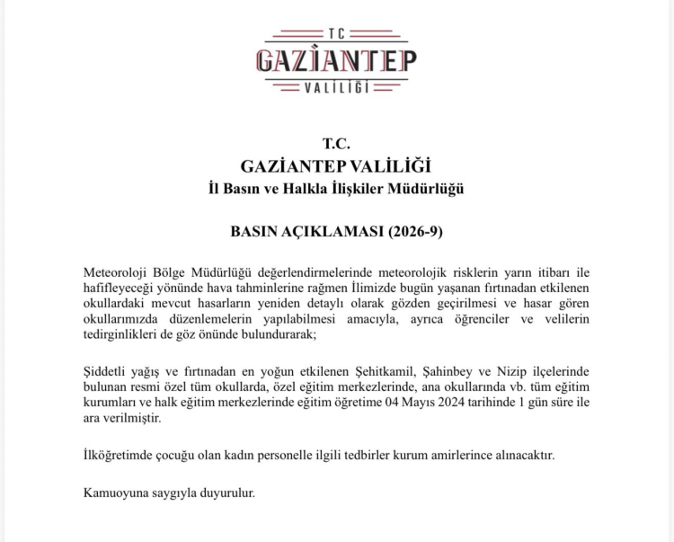 Gaziantep'te okullar tatil mi Gaziantep'te okullar tatil mi edildi Resmi açıklama geldi 2