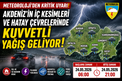Meteoroloji Adana, Hatay ve çevre iller için 24 Mayıs Pazar günü kuvvetli yağış uyarısı yaptı!
