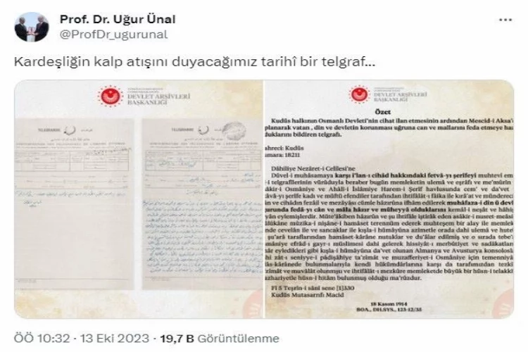 Filistinlilerin 1. Dünya Savaşı’nda Osmanlı’ya gönderdiği ‘destek’ telgrafı ortaya çıktı
